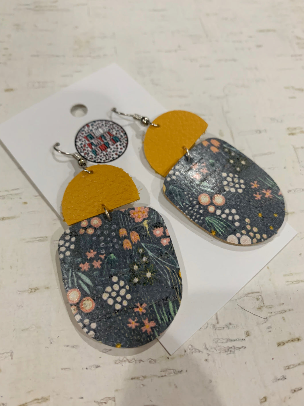 Mustard and Floral Drop Leather Earrings
