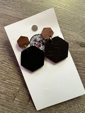 Small Wood and Black Hexi Cork Leather Earrings