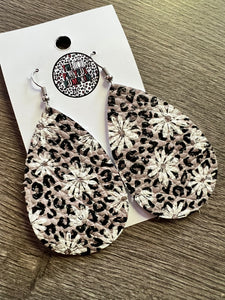 Leopard Daisy Teardrop Leather Earrings