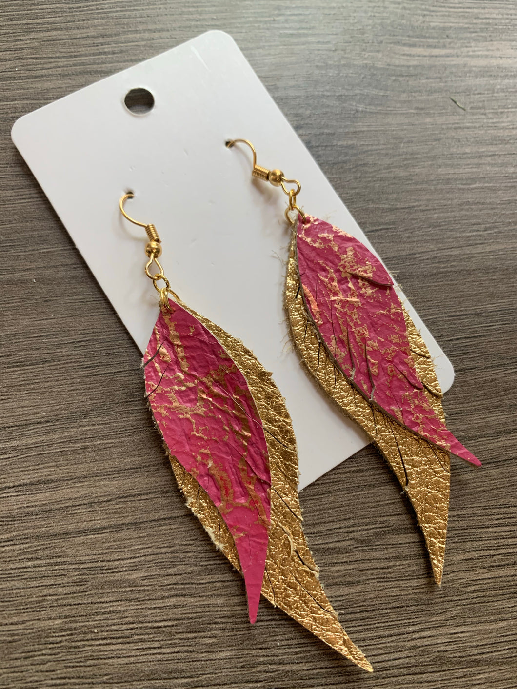 Pink and Gold Feather Leather Earrings