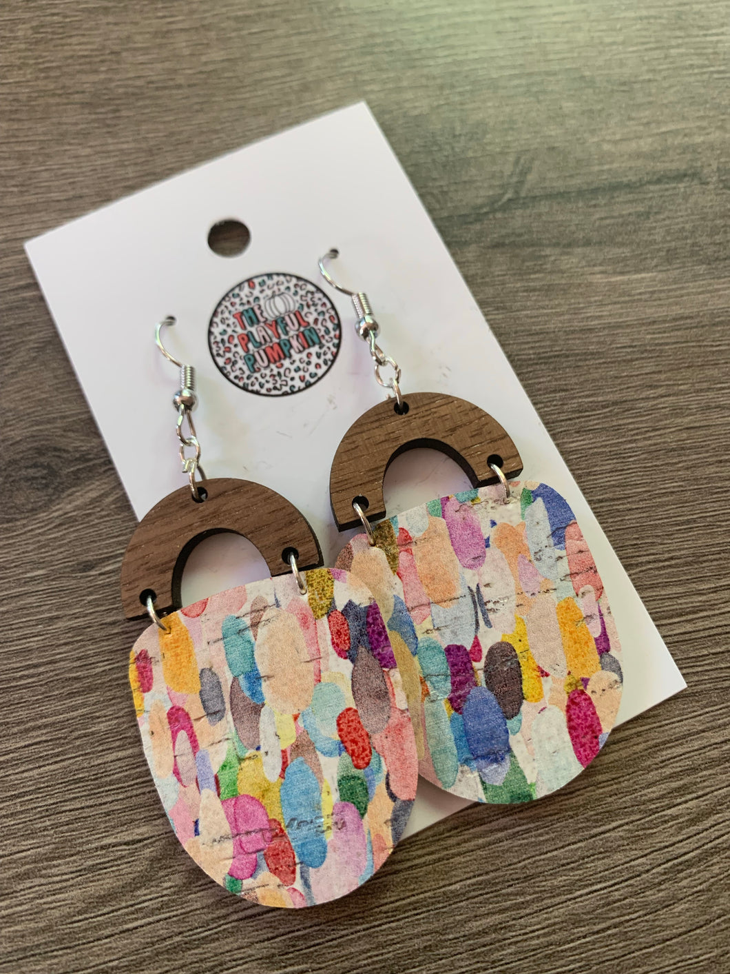 Wood and Confetti Drop Cork Leather Earrings