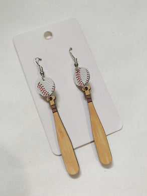 Baseball Bat Wood and Leather Earrings