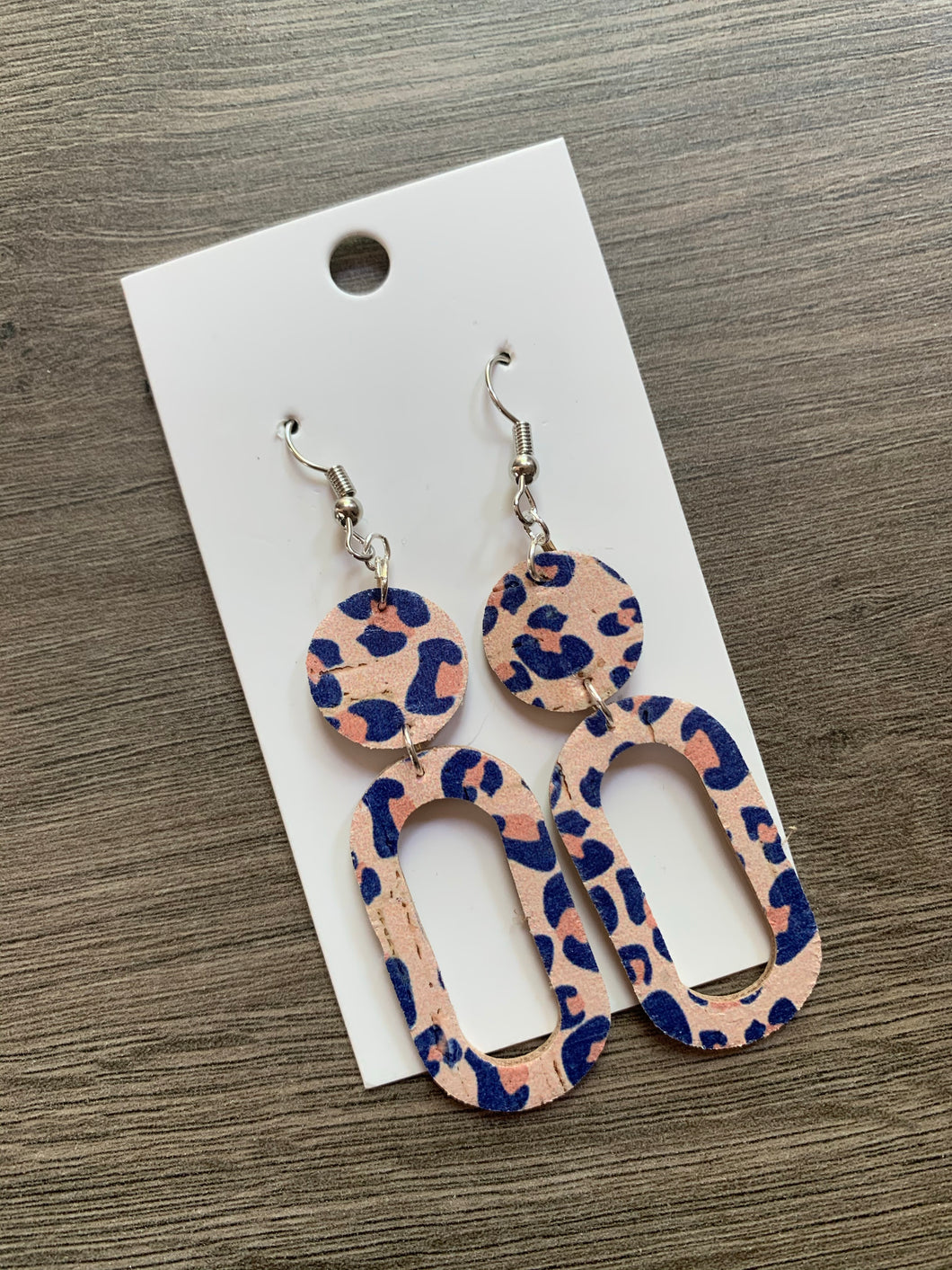 Blush and Navy Leopard Drop Cork Leather Earrings