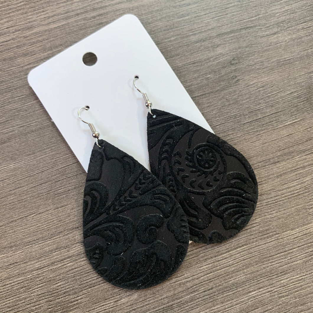 Black Embossed Teardrop Leather Earrings