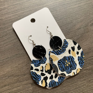 Blue Floral Animal Print Circle Drop Leather Earrings