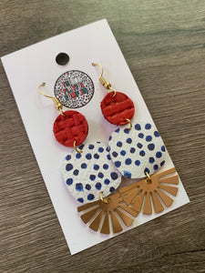 Red White and Blue Brass Drop Leather Earrings