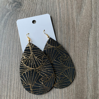 Black and Gold Teardrop Leather Earrings