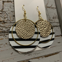Gold and Black and White Striped Circle Leather Earrings