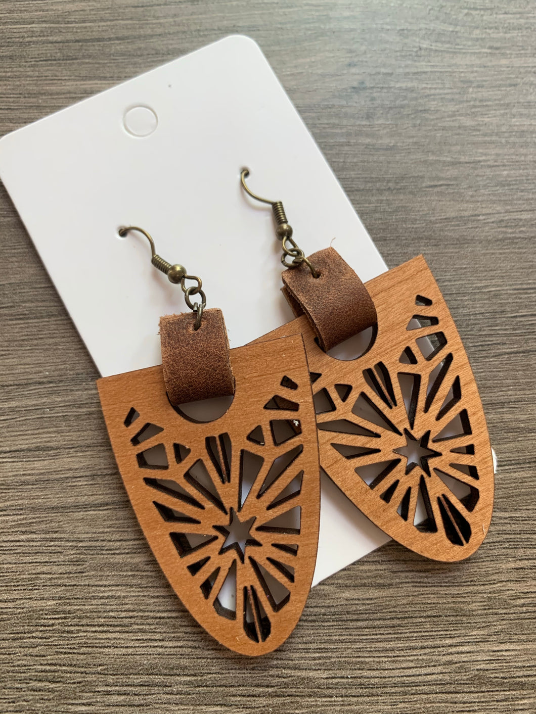 Wood and Leather Drop Earrings