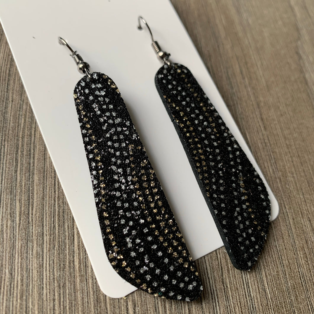 Black Gold and Silver Dotted Swirl Small Oblong Leather Earrings