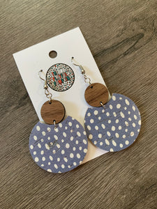 Wood and Lavender Dot Cork Leather Earrings