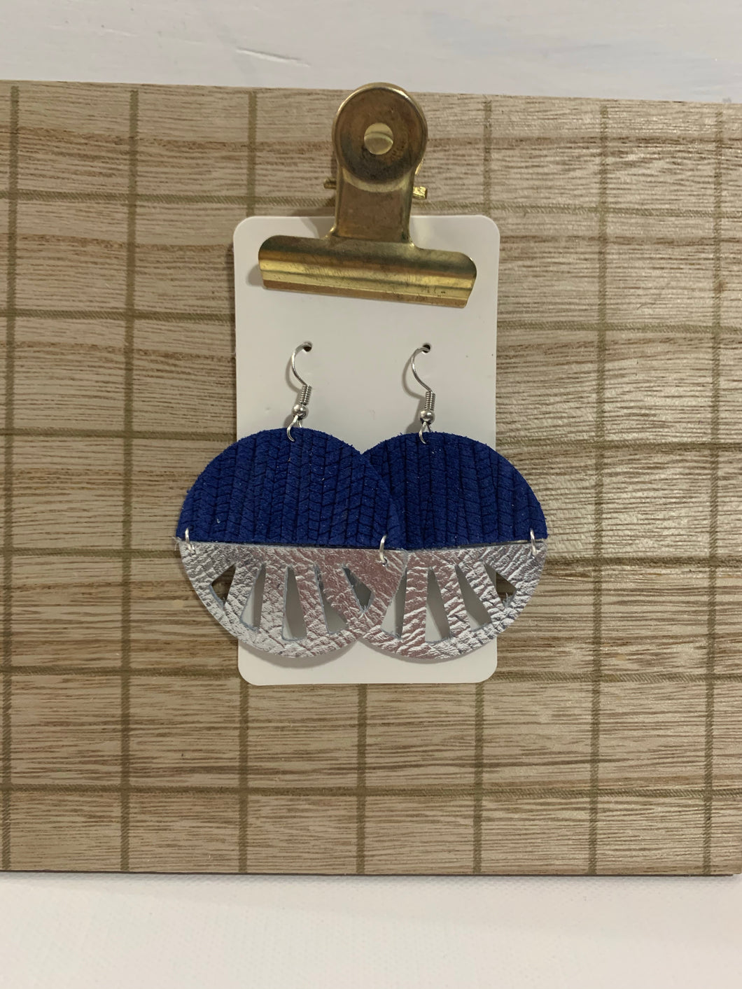 Navy and Silver Circle Leather Earrings