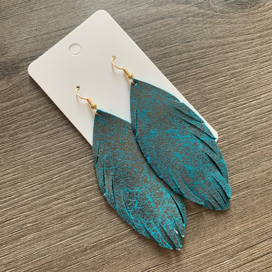 Golden Teal Skinny Feather Leather Earrings