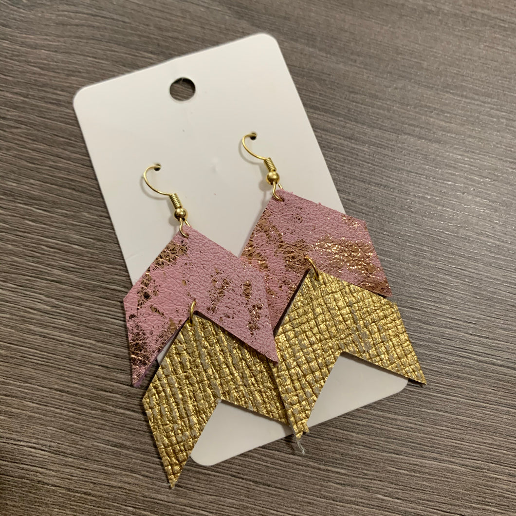 Pink and Gold Chevron Leather Earrings