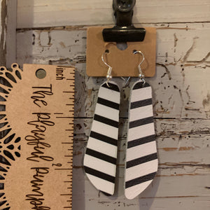 Oblong Black and White Striped Leather Earrings