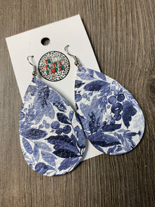 Blue Floral Teardrop Leather Earrings
