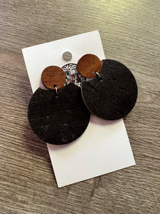 Wood and Black Circle Cork Leather Earrings