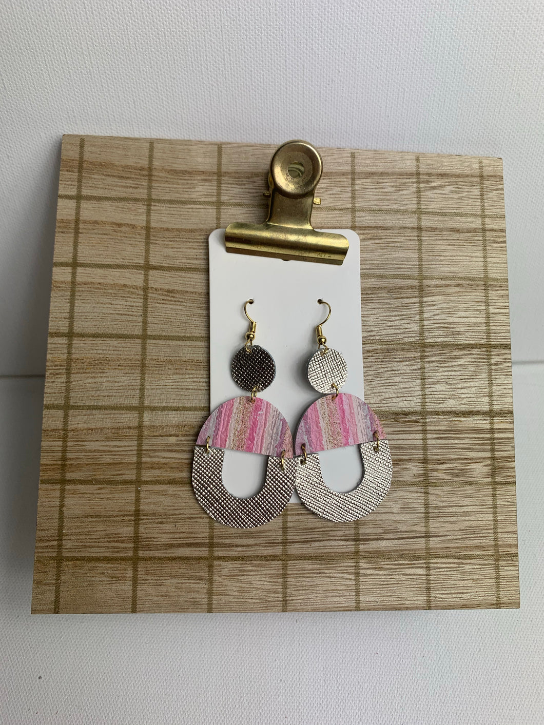 Pink Boho and Light Gold Drop Leather Earrings
