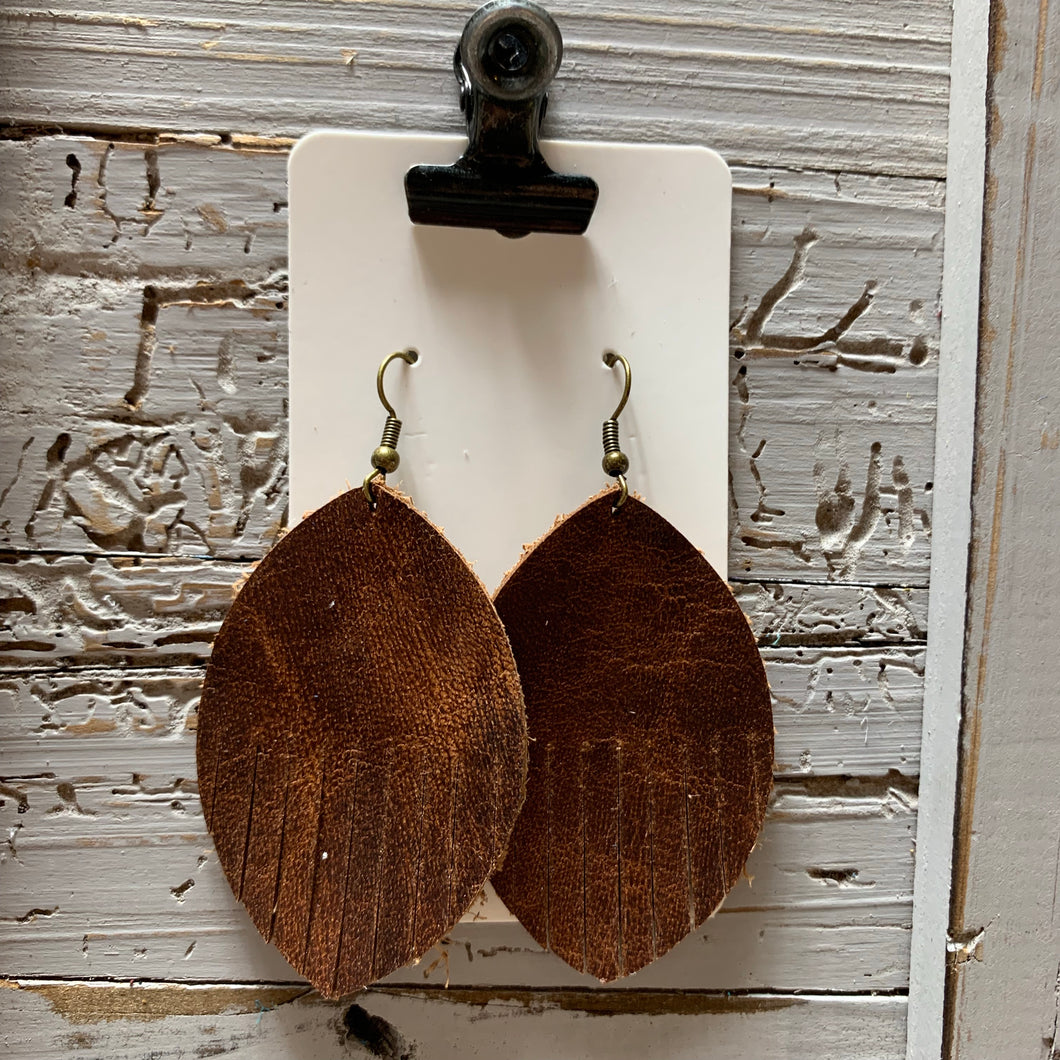 Brown Leather Fringe Earrings