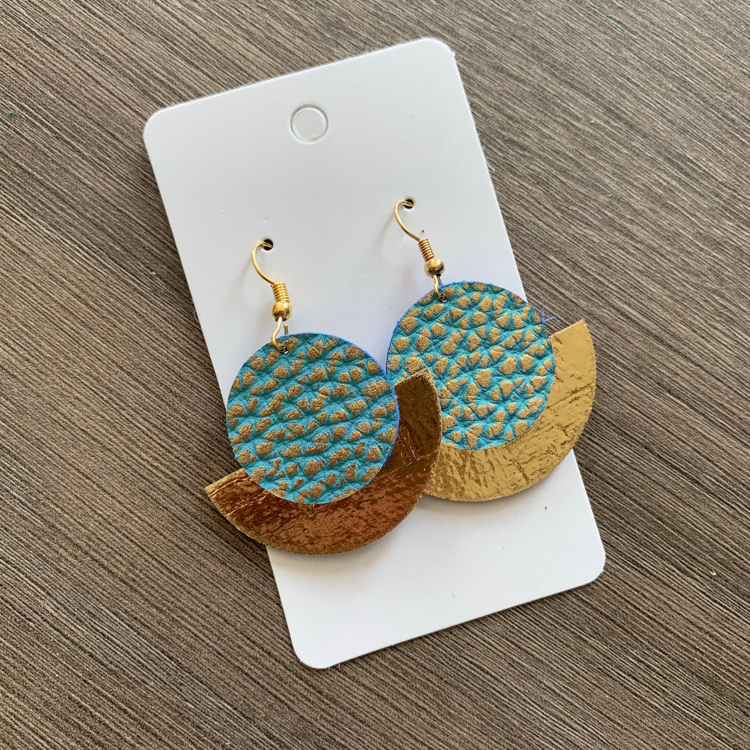 Aqua and Gold Small Circle Leather Earrings