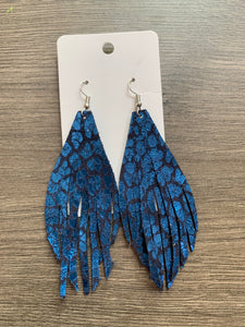 Large Blue Leopard Fringe Leather Earrings
