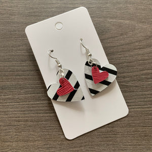 Small Pink Striped Valentine Heart Leather Earrings