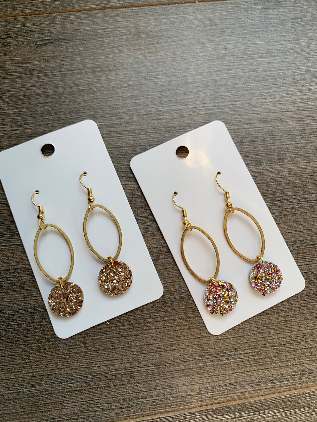 Gold and Rose and Gold Oval Glitter Drop Leather Earrings