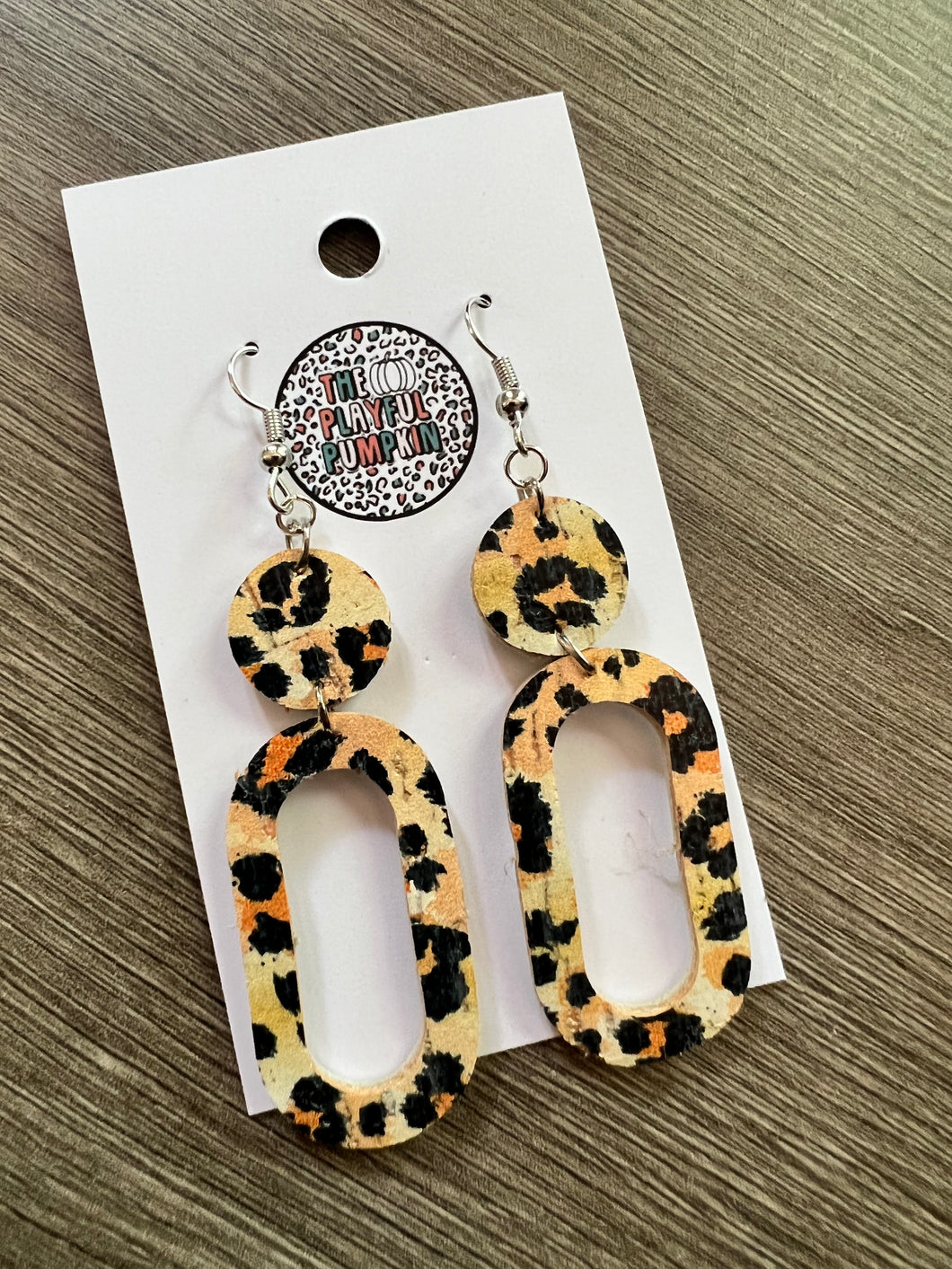 Leopard Oval Drop Cork Leather Earrings