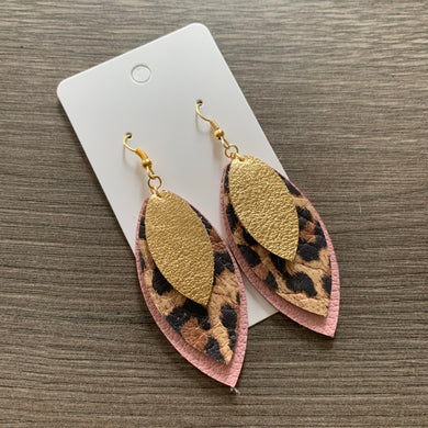 Pink Animal Print Gold Leaf Leather Earrings