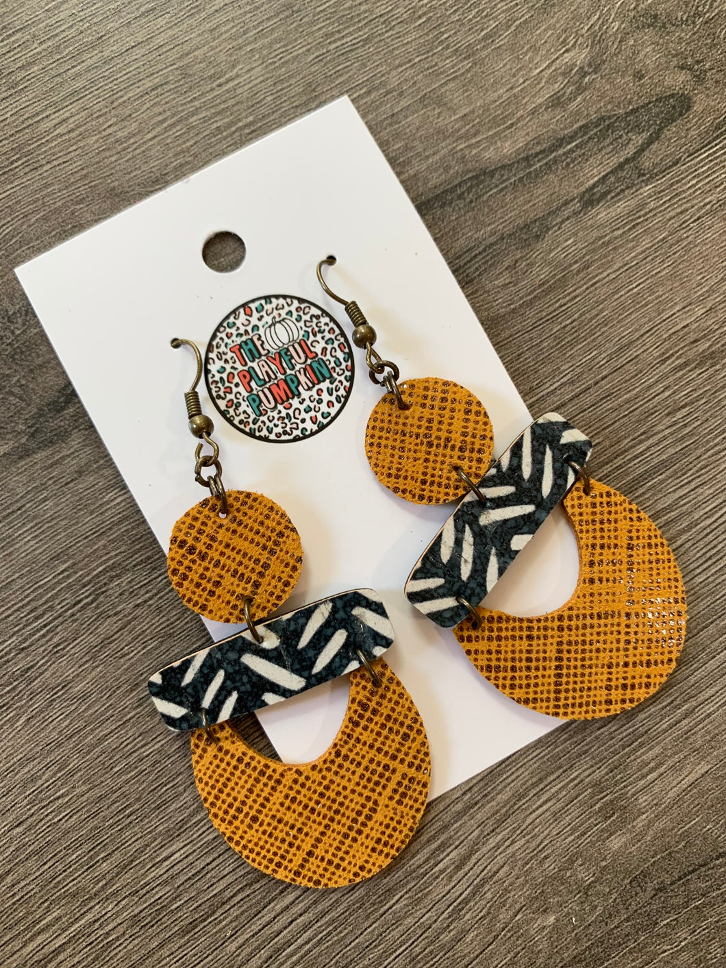 Mustard and Black Drop Leather Earrings