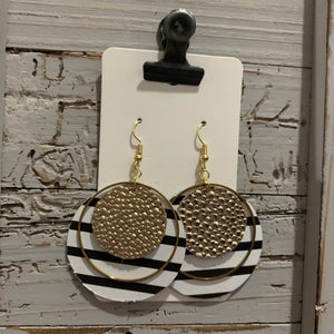 Gold and Black and White Striped Circle Leather Earrings