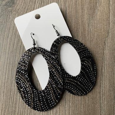 Large Open Oval Black Metallic Dotted Swirl Leather Earrings