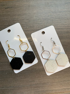 Black and White Cork Hexi Leather Earrings