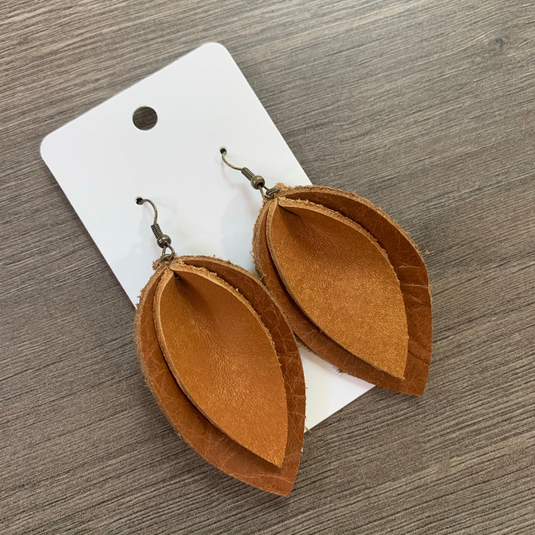 Two Tone Brown Double Petal Leather Earrings
