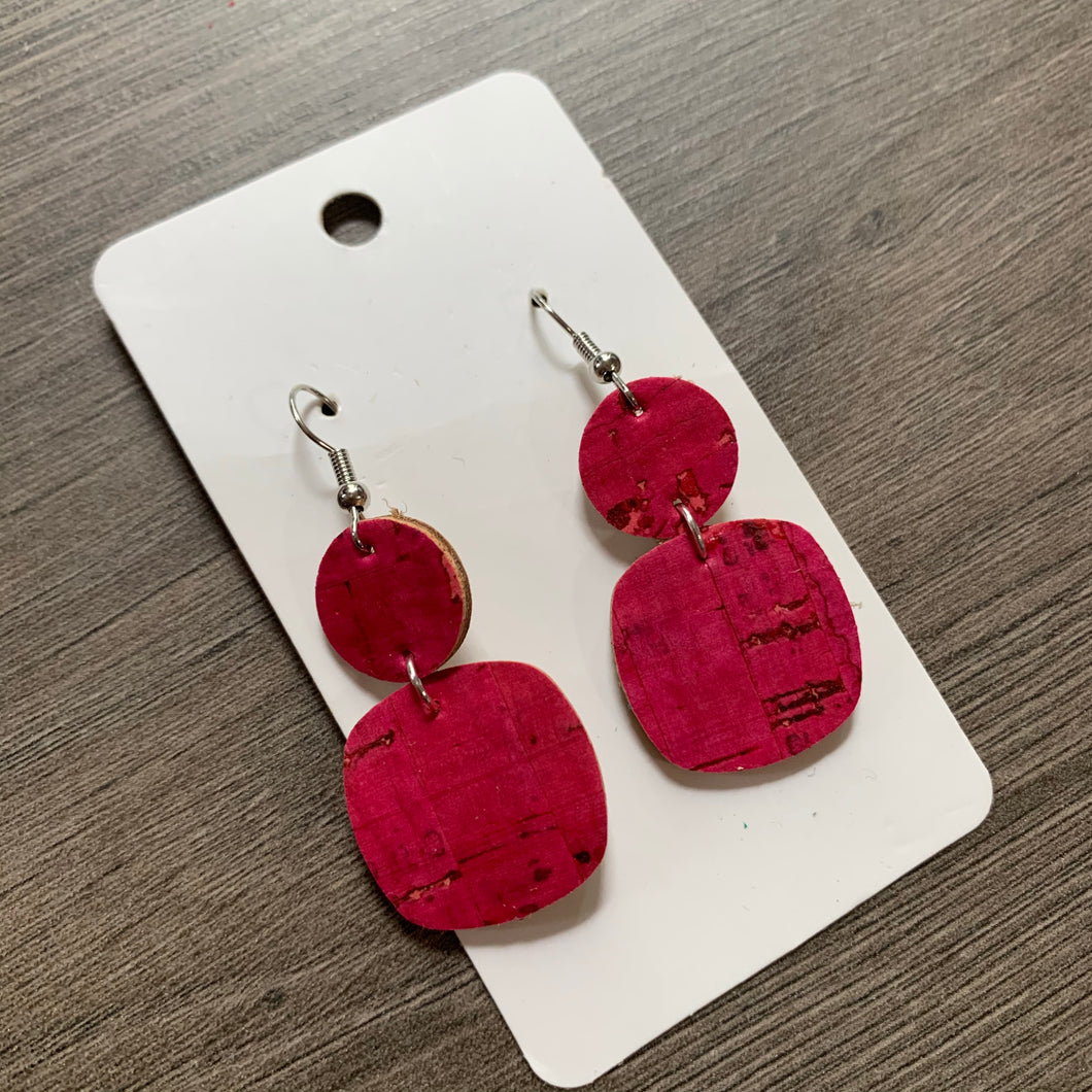 Raspberry Mini Drop Cork Leather Earrings