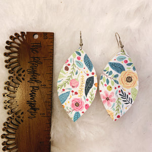 White Fun Floral Leaf Leather Earrings