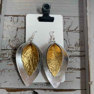 Silver and Gold Double Petal Leather Earrings