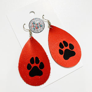 Paw Print Red Teardrop Leather Earrings