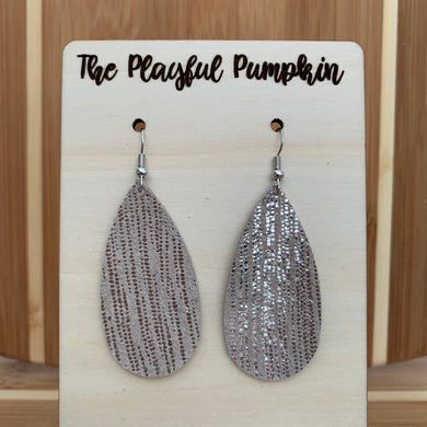 Beige and Silver Small Elongated Teardrop Leather Earrings